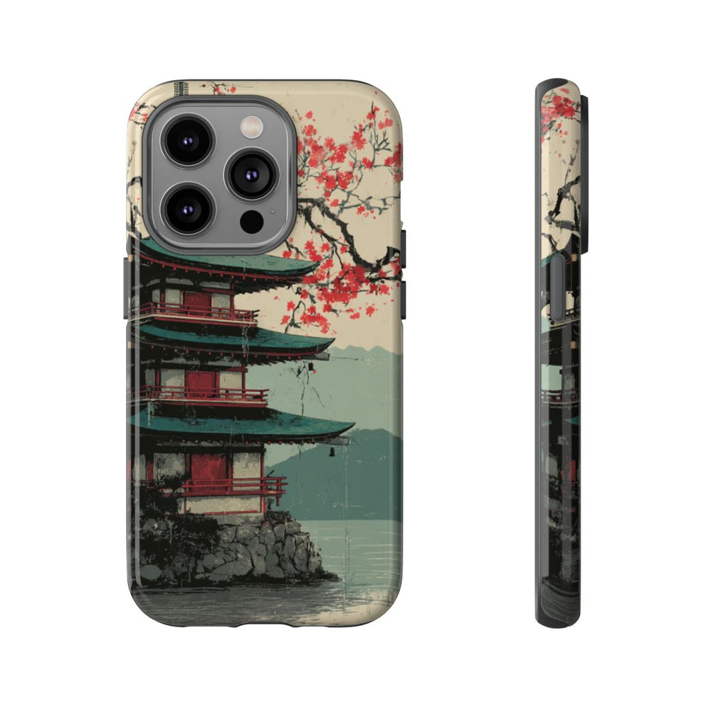 Pagode met Kersenbloesem en Rode Zon