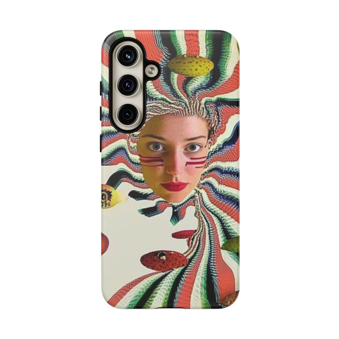 Surrealistisch Vrouwenportret met Kleurrijke Strepen en Zwevende Bollen