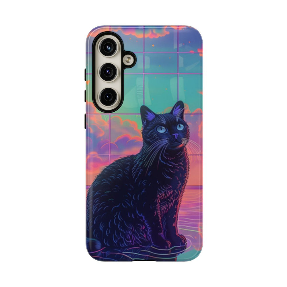 Zwarte Kat met Neonlucht Reflectie