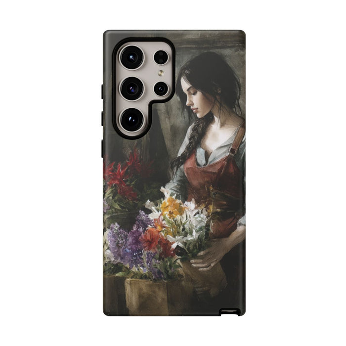Vrouw Schikt Bloemen in Landelijke Sfeer