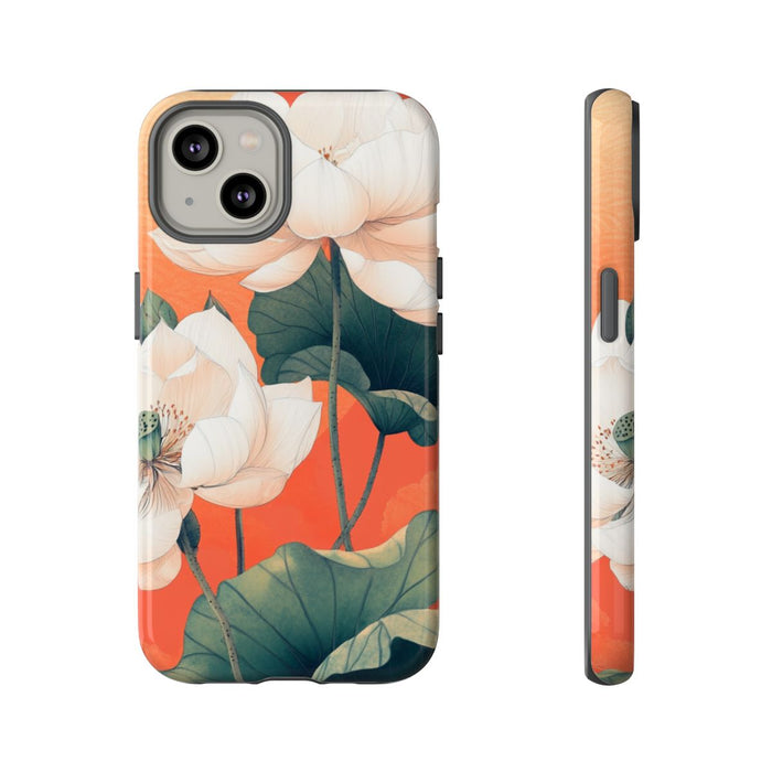 Witte Lotus Bloemen met Groene Bladeren op Oranje Achtergrond