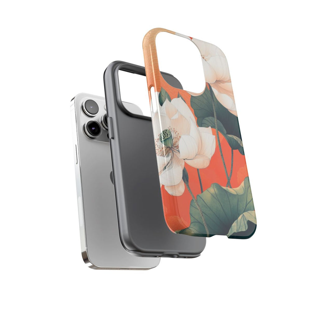 Witte Lotus Bloemen met Groene Bladeren op Oranje Achtergrond