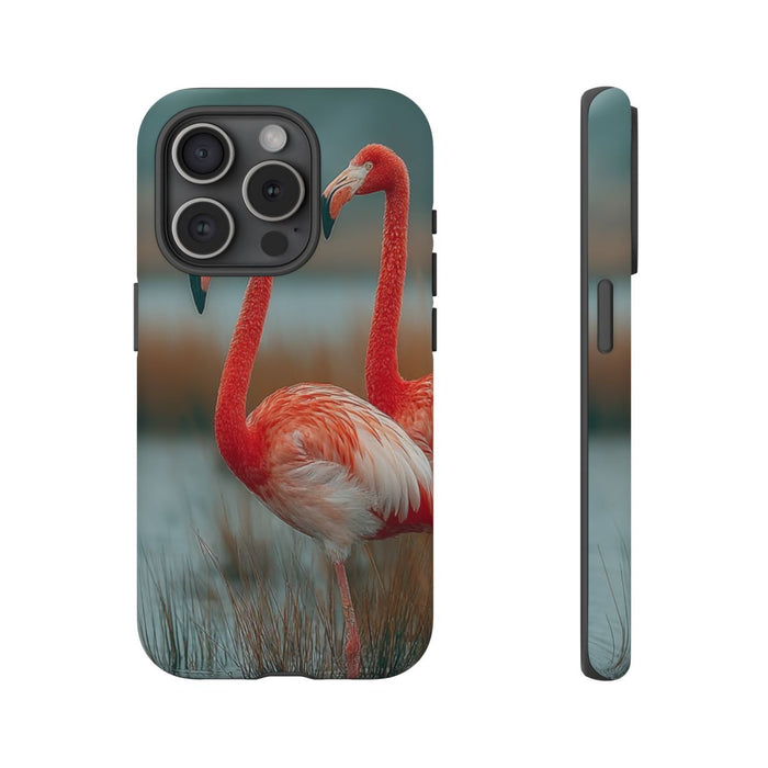 Drie Flamingo’s bij Water en Riet