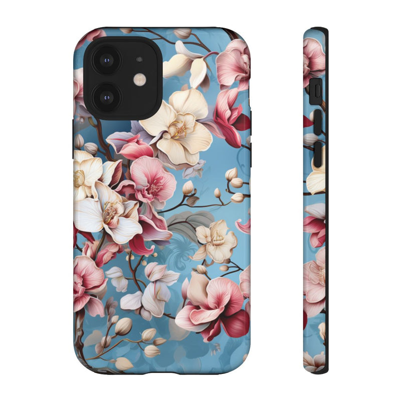 Orchideeën Bloemenpatroon op Blauwe Achtergrond