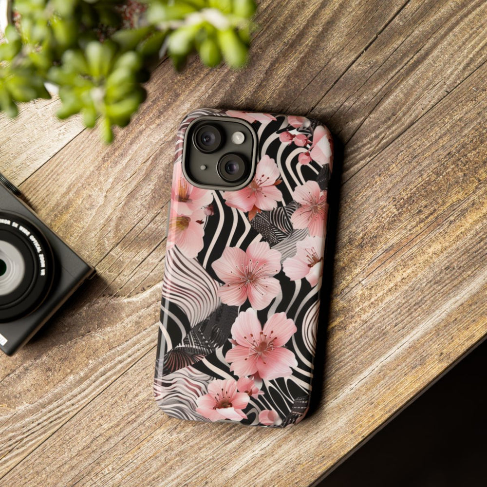 Roze Kersenbloesems met Zwart-Wit Abstract Patroon
