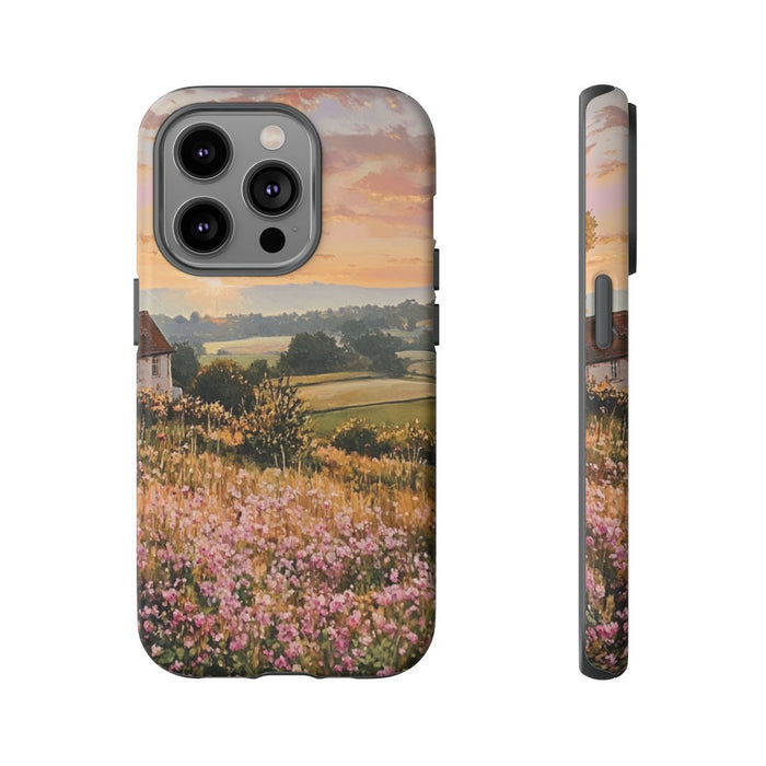 Landelijk Huisje met Roze Bloemen bij Zonsopgang