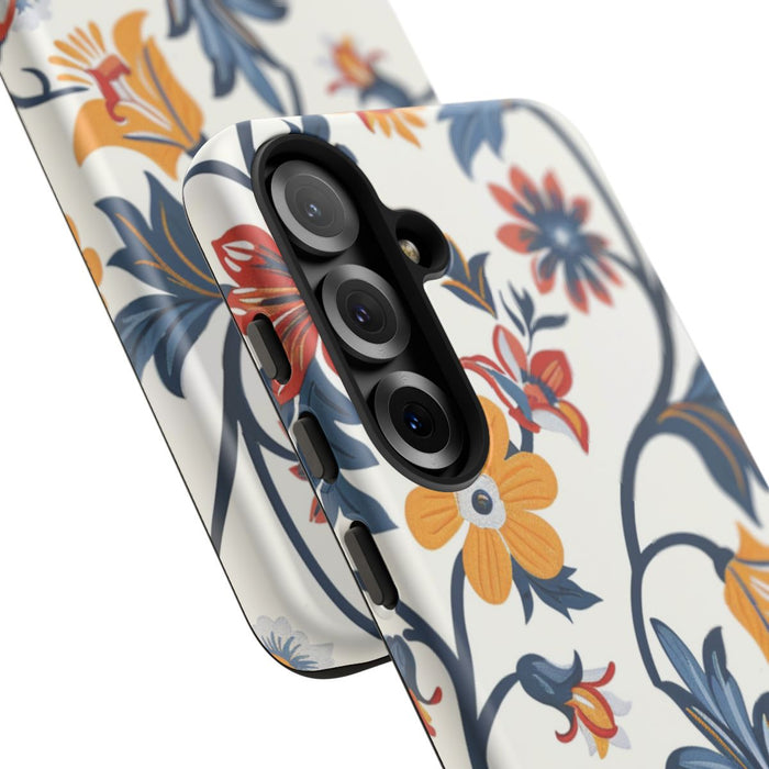 Retro Bloemenpatroon in Blauw, Rood en Geel
