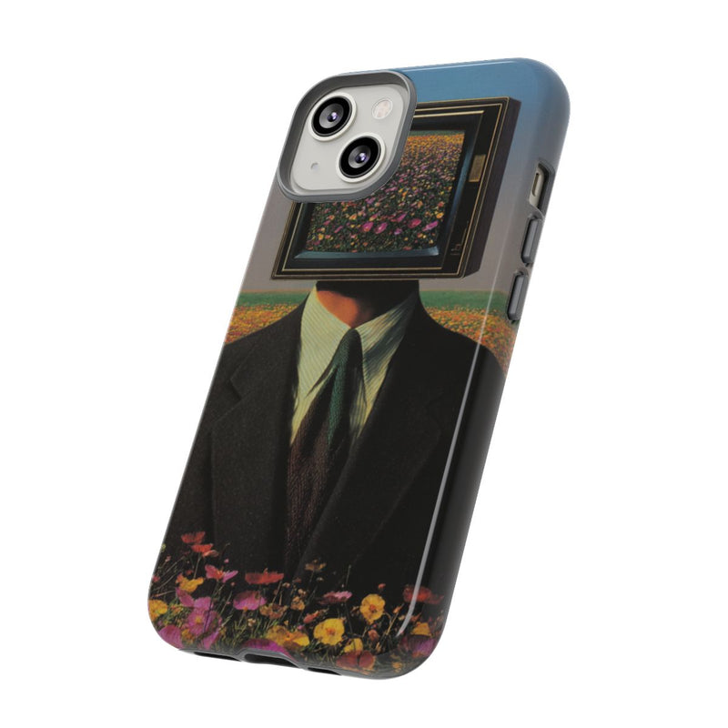 Surrealistische Man met Televisiehoofd in Bloemenveld