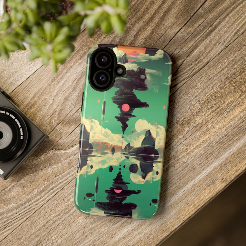 Surrealistisch Zwevende Rotsformatie met Roze Zonnen