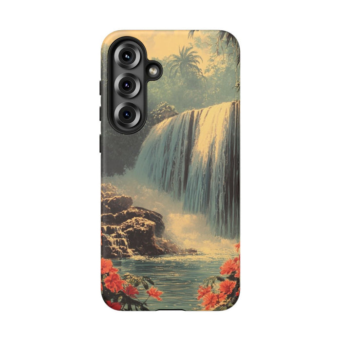 Tropische Waterval met Rode Bloemen