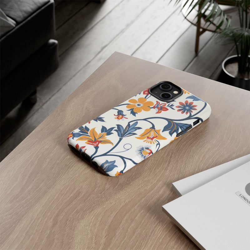 Retro Bloemenpatroon in Blauw, Rood en Geel