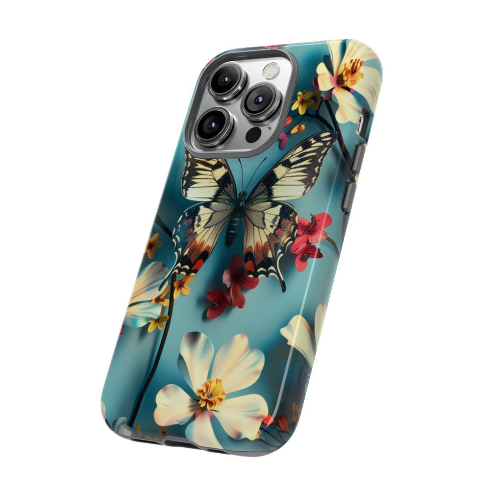 Vlinder en Bloemenpatroon op Blauw