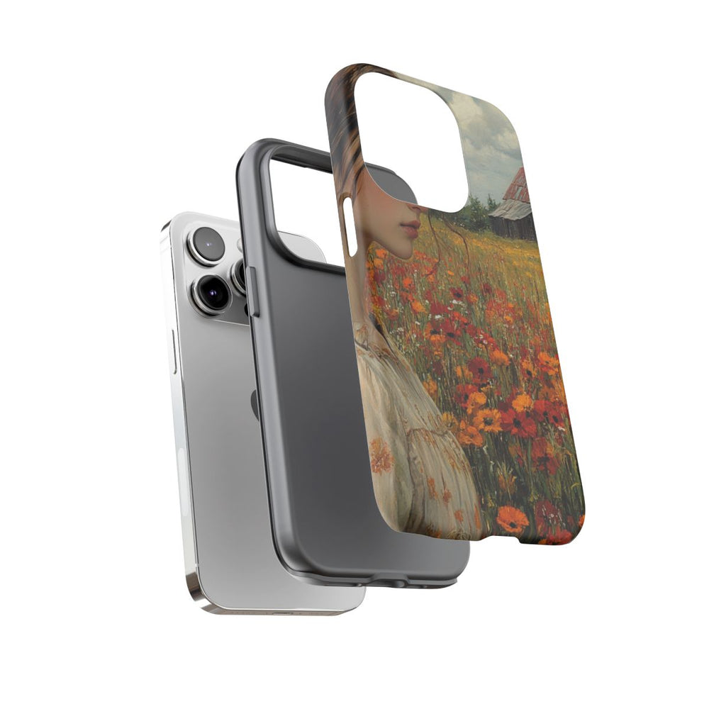 Jonge Vrouw in Bloemenveld met Schuur