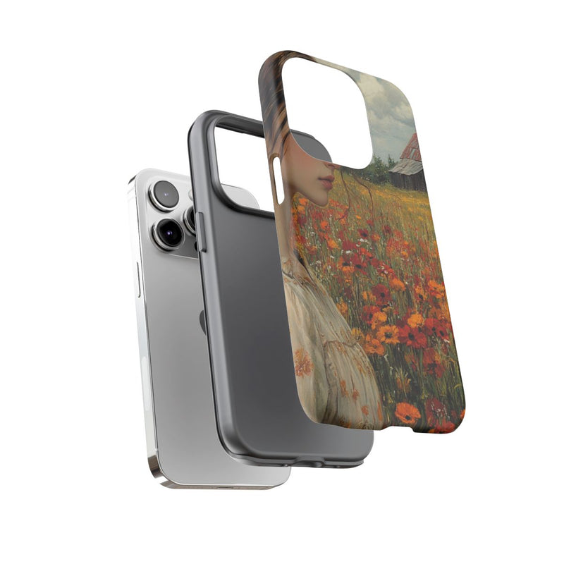 Jonge Vrouw in Bloemenveld met Schuur