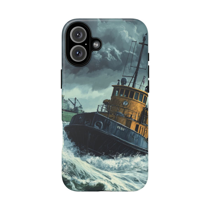 Sleepboot Sleept Vrachtschip in Stormachtige Zee