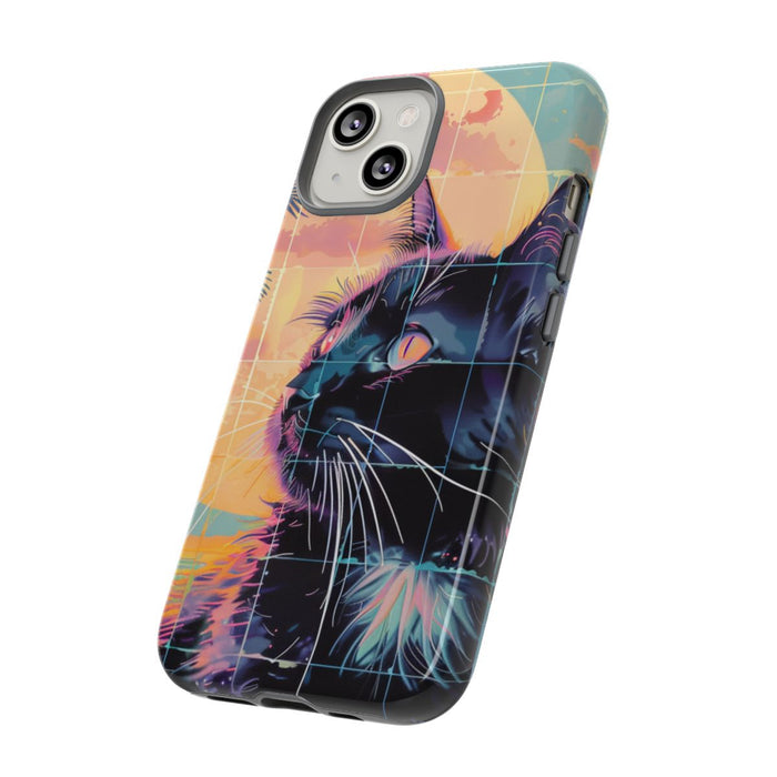 Lofi Vaporwave Kat met Zonsondergang en Palmen