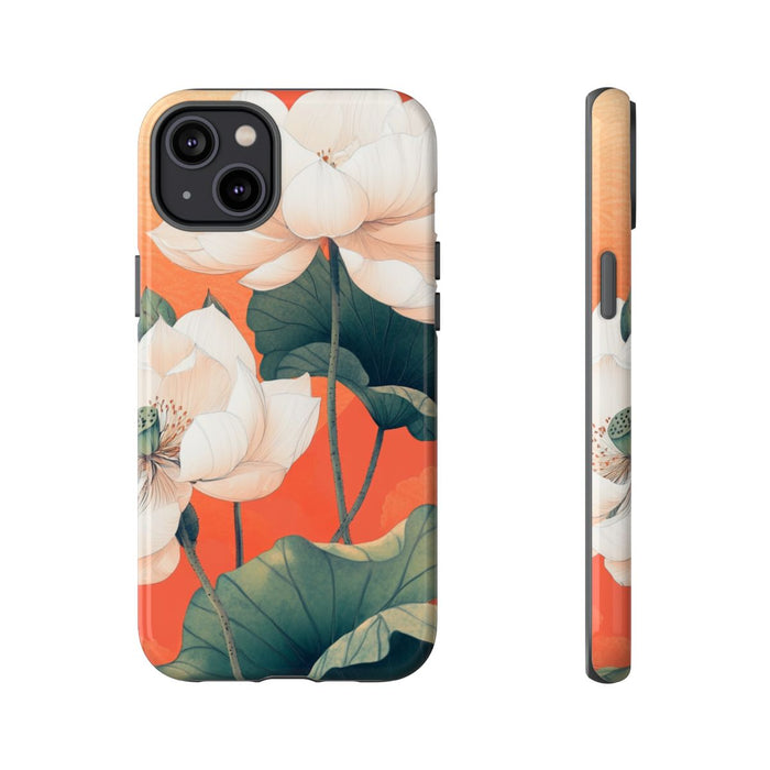 Witte Lotus Bloemen met Groene Bladeren op Oranje Achtergrond