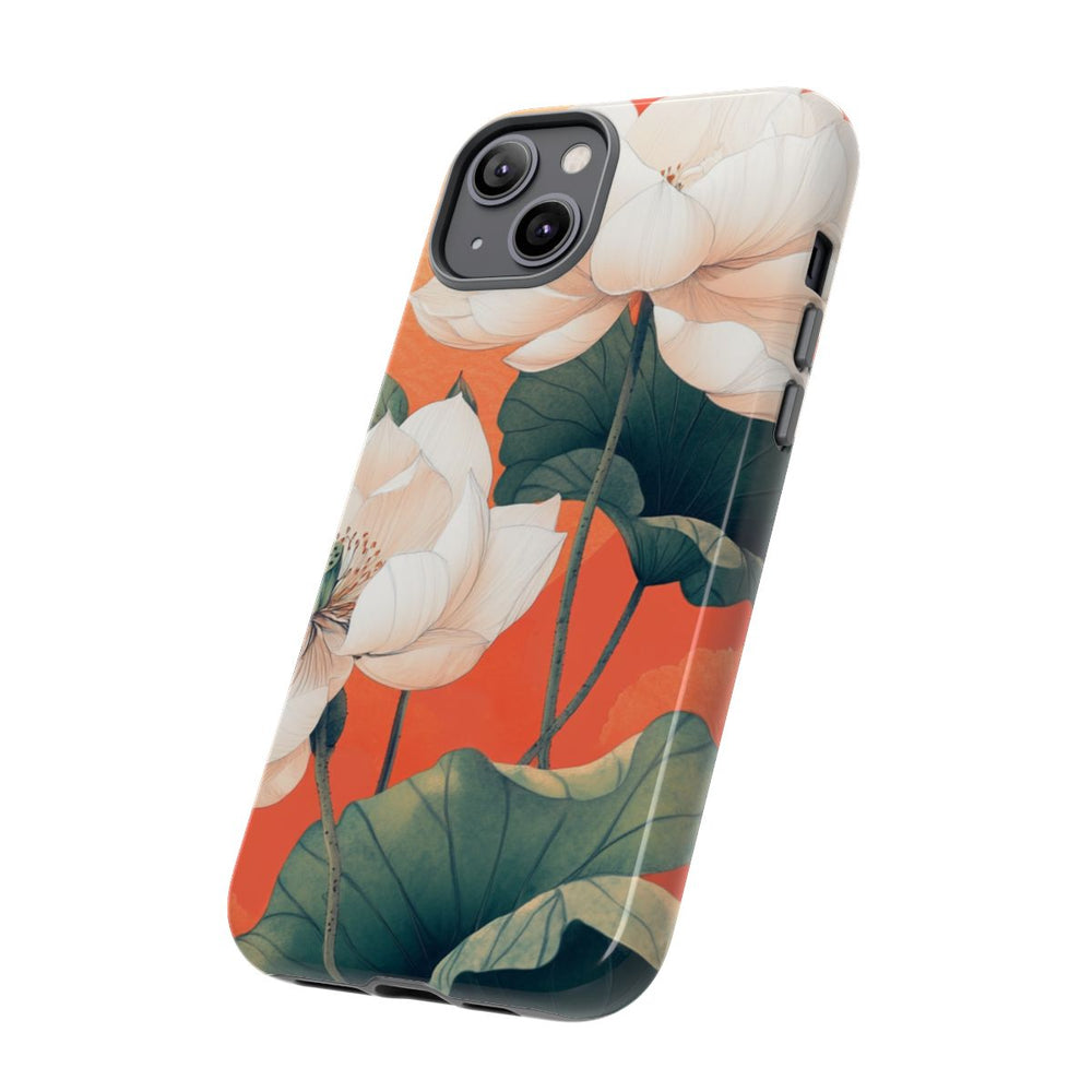 Witte Lotus Bloemen met Groene Bladeren op Oranje Achtergrond