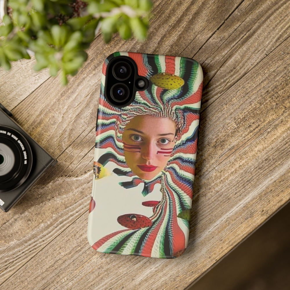 Surrealistisch Vrouwenportret met Kleurrijke Strepen en Zwevende Vormen