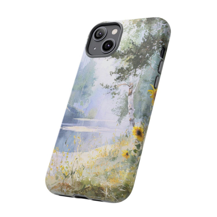 Gele Zonnebloemen bij een Bosmeer