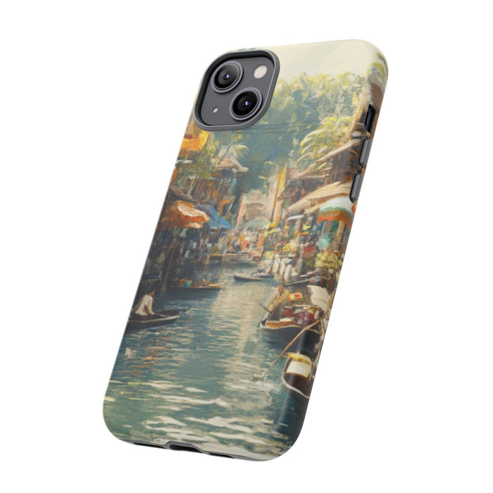 Levendige Watermarkt met Boten en Kramen