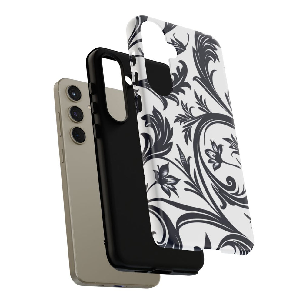 Zwart-Wit Bloemmotief met Sierlijke Krullen