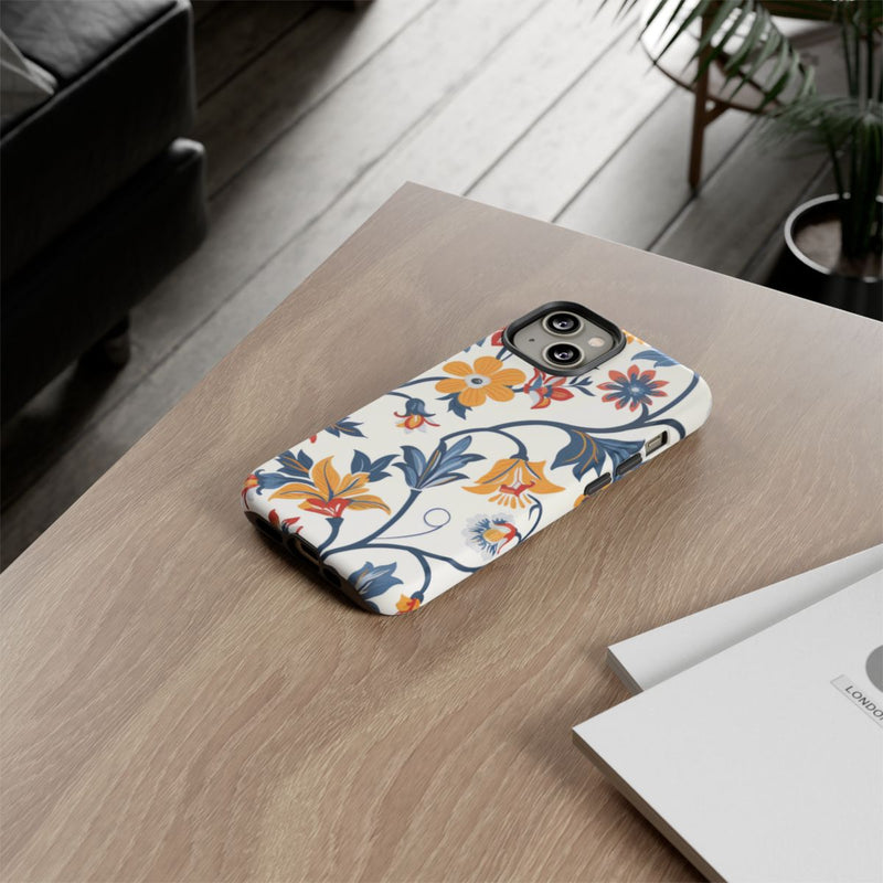 Retro Bloemenpatroon in Blauw, Rood en Geel