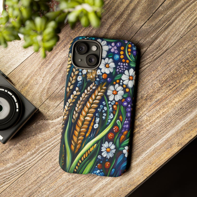 Kleurrijke Bloemen en Goudgele Tarwe in Folk Art Stijl