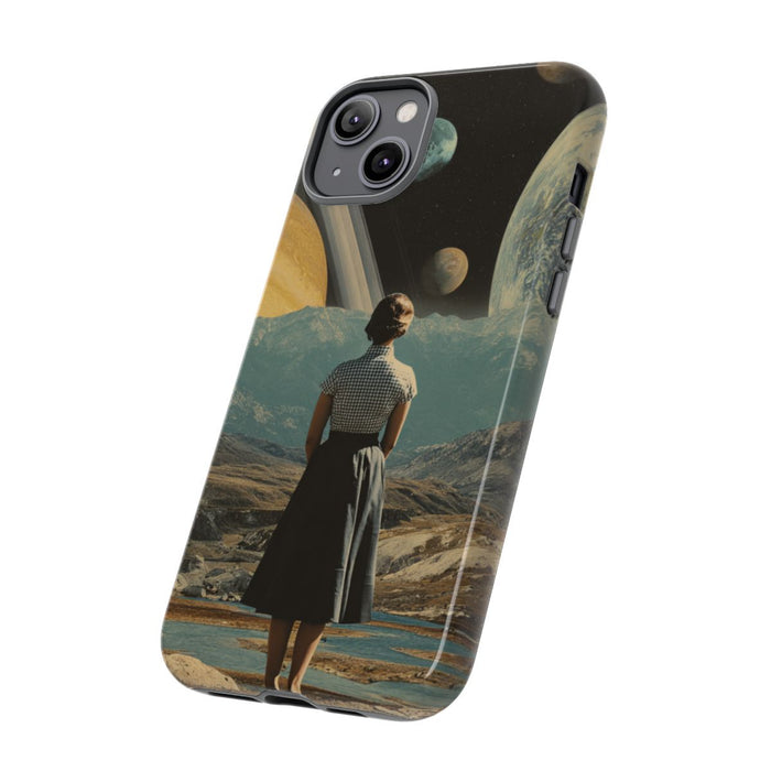 Vrouw in Vintage Jurk met Planetenlandschap
