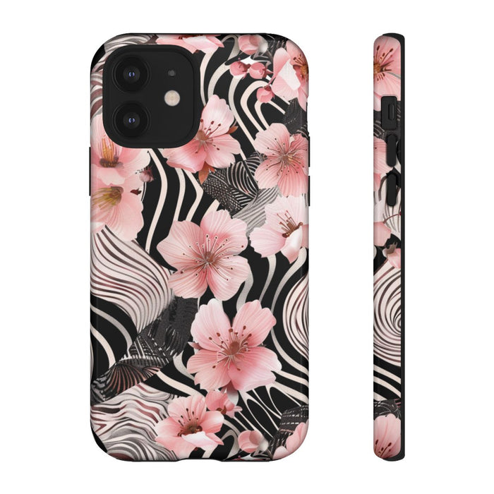 Roze Kersenbloesems met Zwart-Wit Abstract Patroon