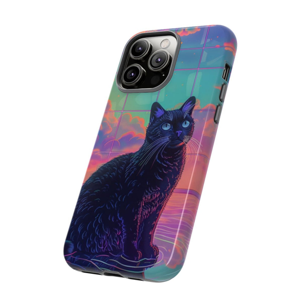 Zwarte Kat met Neonlucht Reflectie