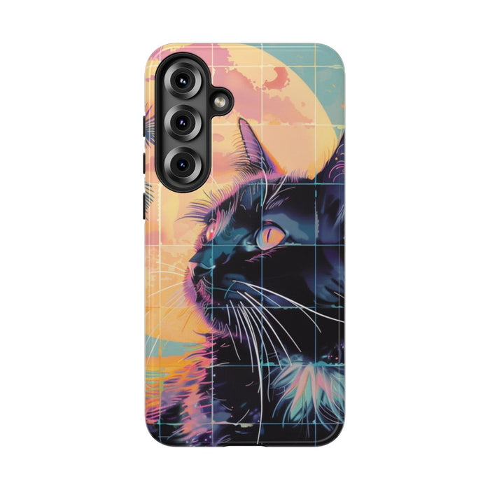 Lofi Vaporwave Kat met Zonsondergang en Palmen