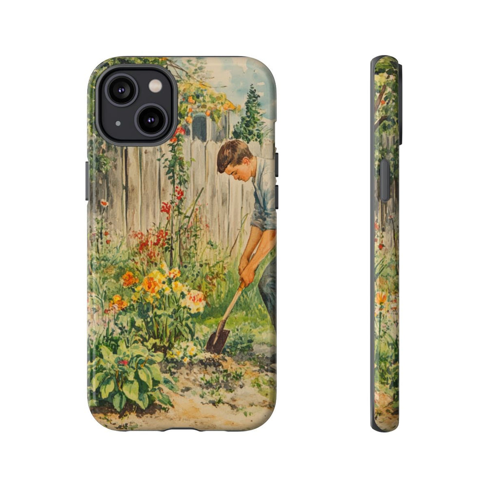 Jonge Man aan het Tuinieren tussen Bloemen