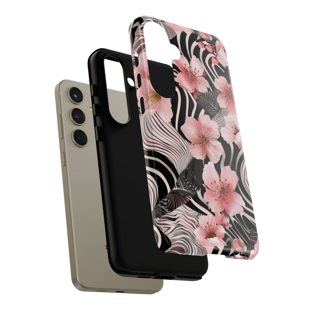 Roze Kersenbloesems met Zwart-Wit Abstract Patroon