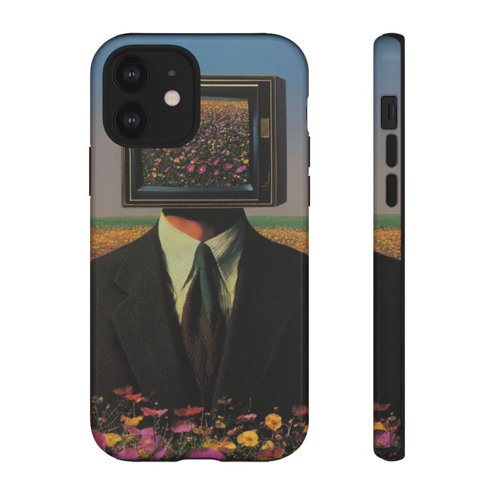 Surrealistische Man met Televisiehoofd in Bloemenveld