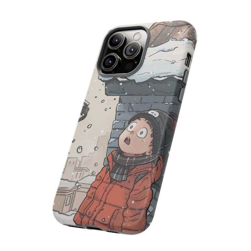 Chibi Man met Winterjas Kijkt Op naar Besneeuwd Dak