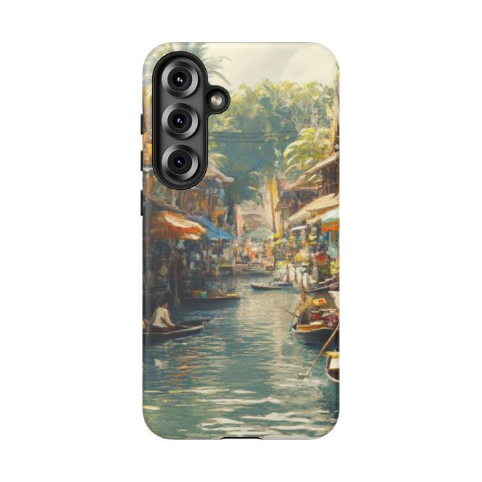 Levendige Watermarkt met Boten en Kraampjes
