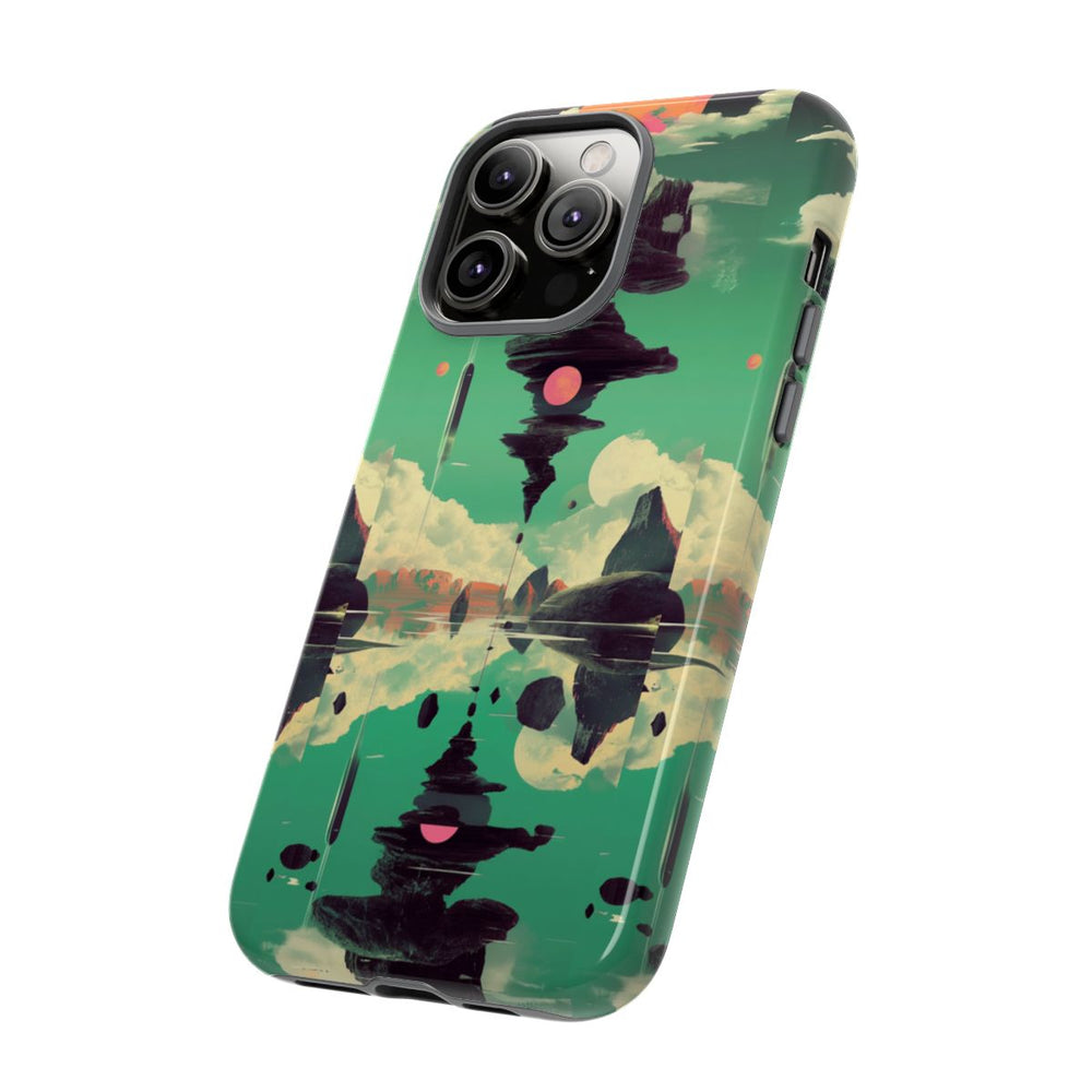 Surrealistisch Zwevende Rotsformatie met Roze Zonnen