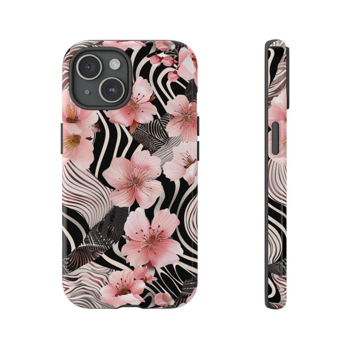 Roze Kersenbloesems met Zwart-Wit Abstract Patroon