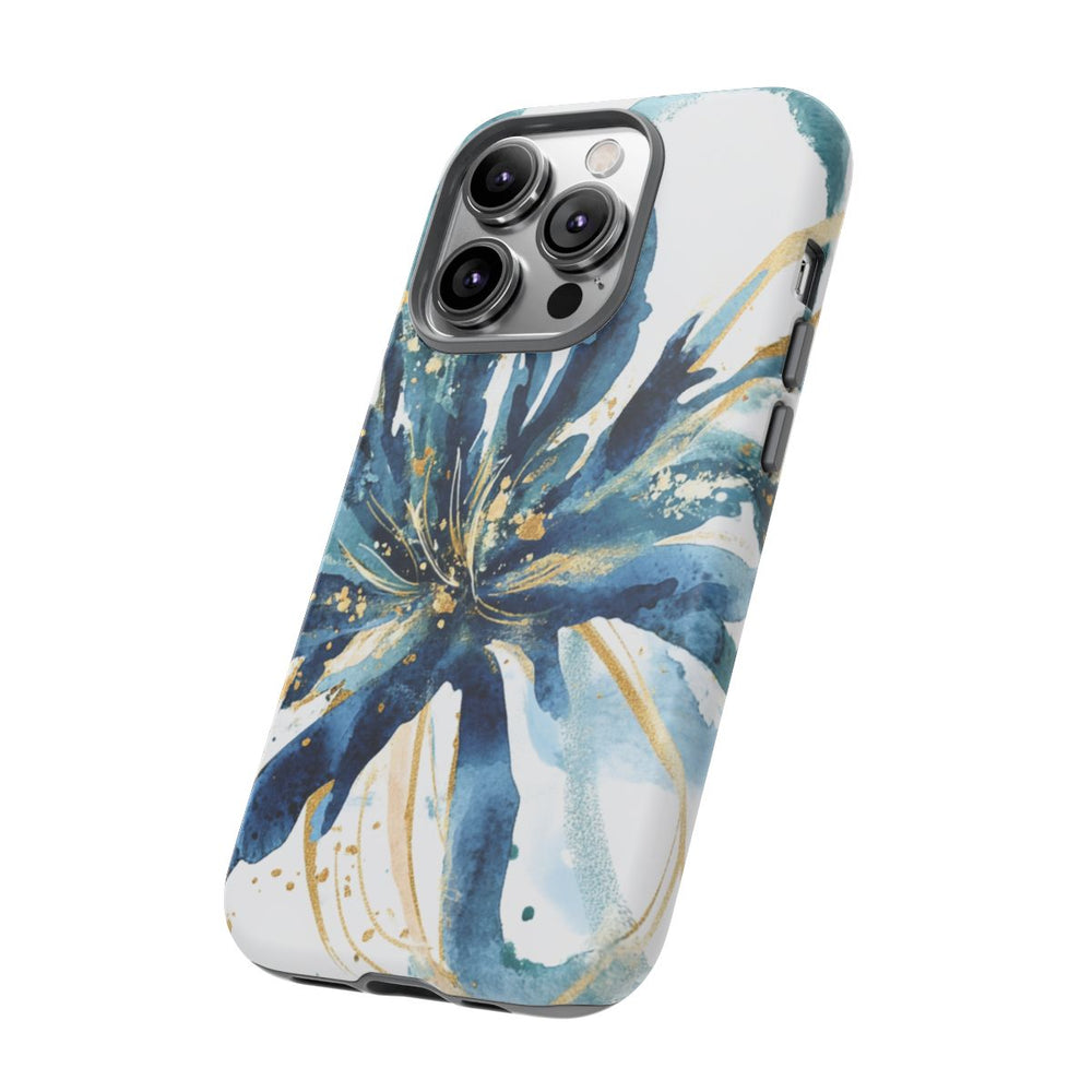 Aquarel Blauwe Bloemen Abstract met Gouden Accenten