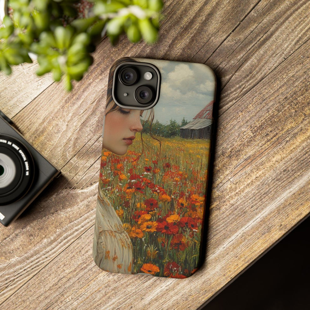 Jonge Vrouw in Bloemenveld met Schuur