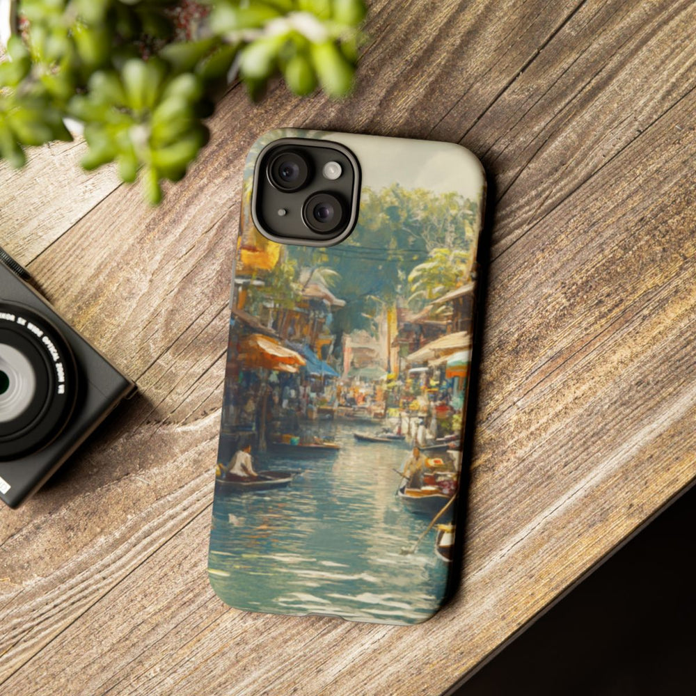 Levendige Watermarkt met Boten en Kraampjes