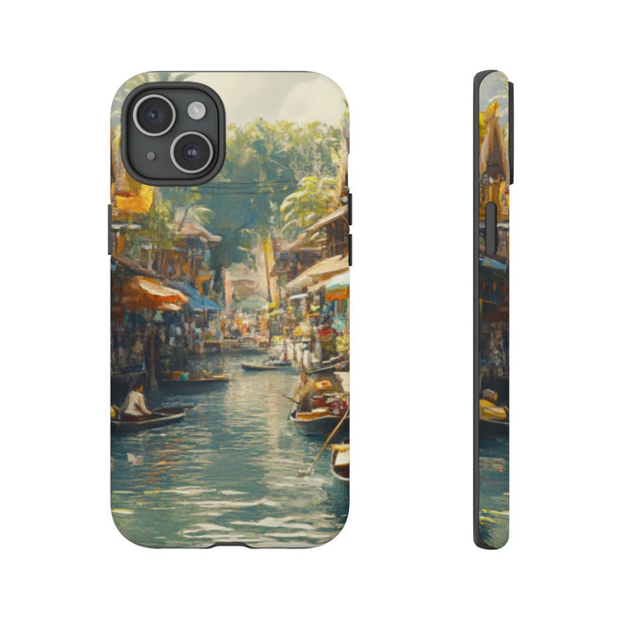 Levendige Watermarkt met Boten en Kraampjes