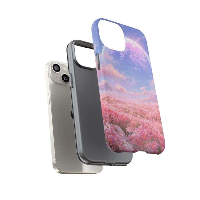 Roze Bloemenveld met Gloeiende Planeet