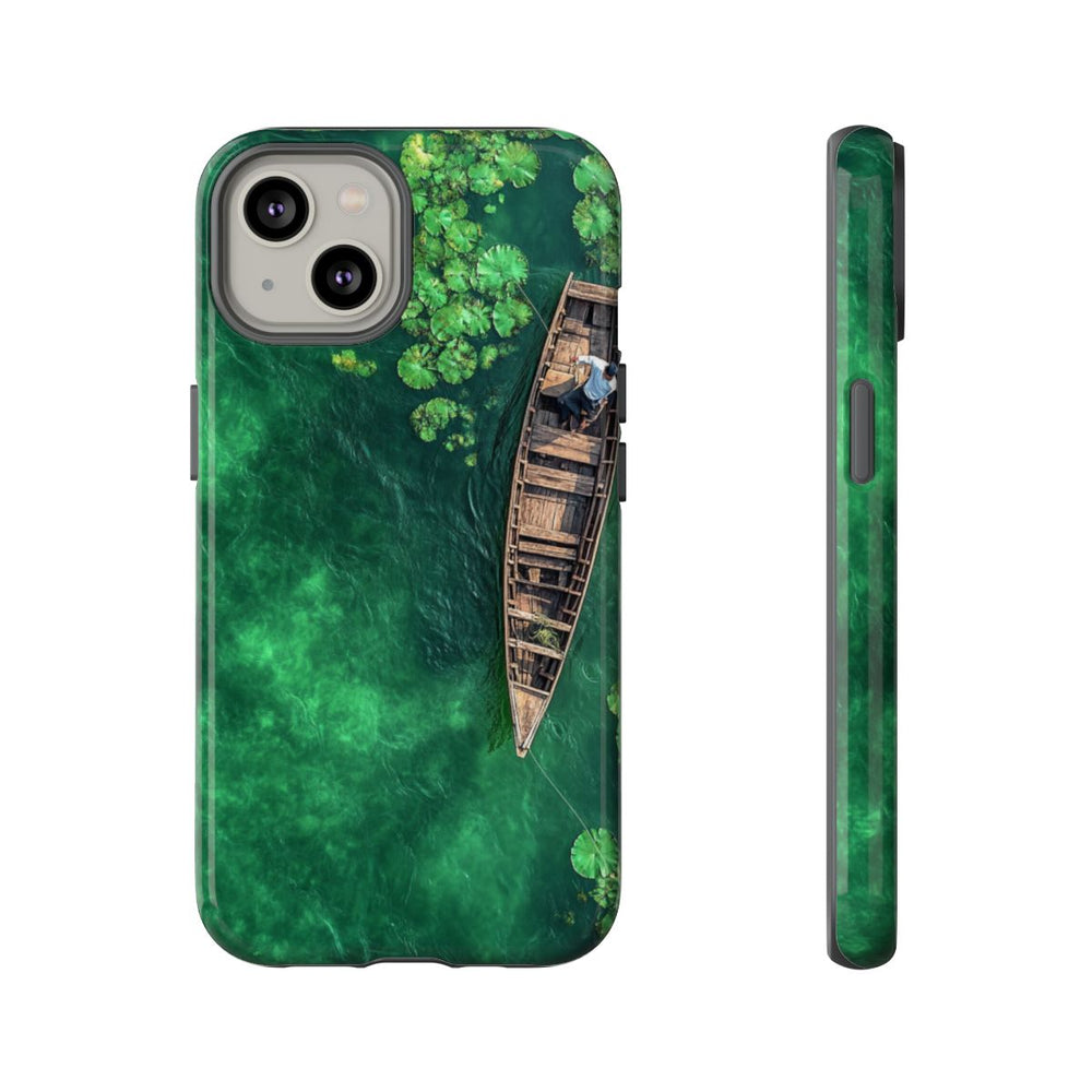 Luchtfoto van Visser op Houten Boot met Lotusbladeren