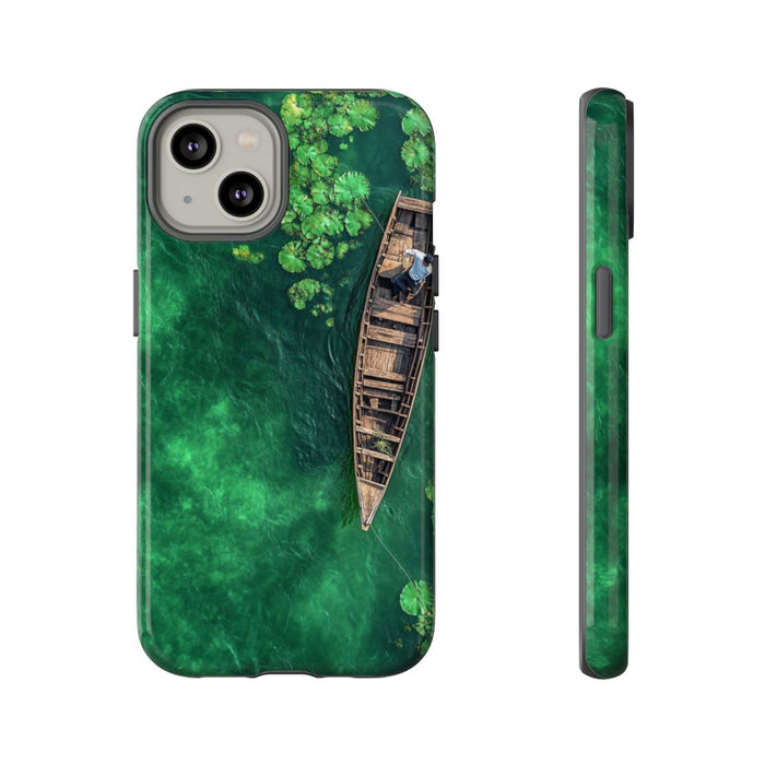 Luchtfoto van Visser op Houten Boot met Lotusbladeren