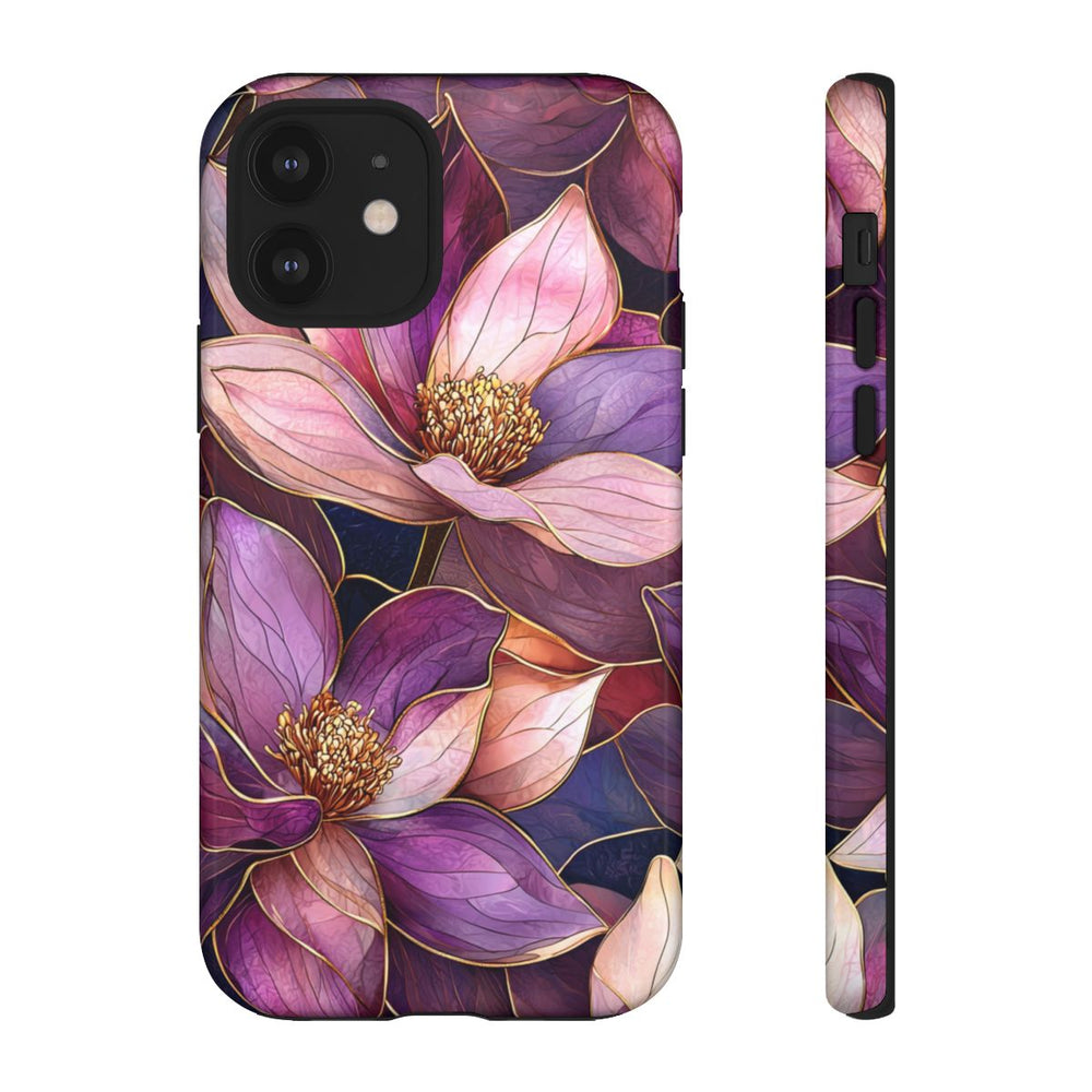 Paarse Magnolia Bloemen in Glas-in-lood