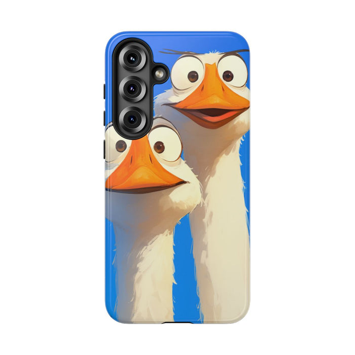Twee Grappige Ganzen met Grote Ogen op Blauwe Achtergrond