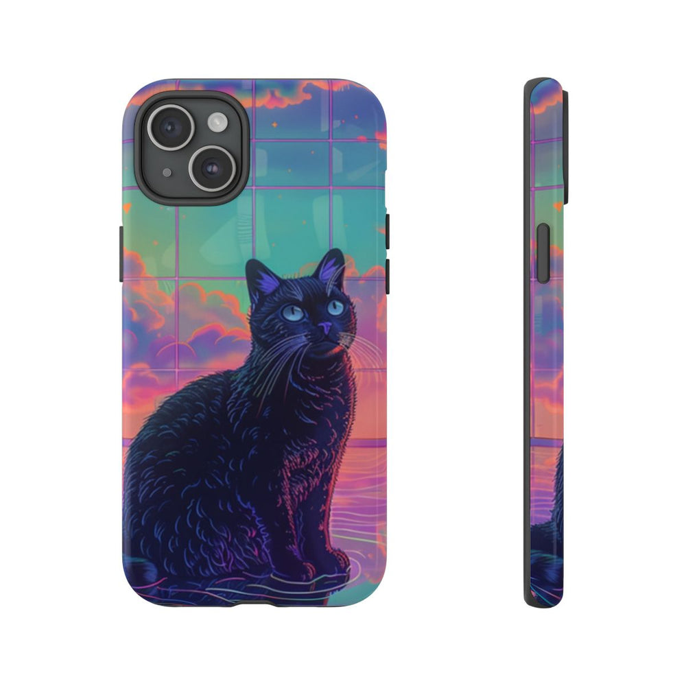 Zwarte Kat met Neonlucht Reflectie