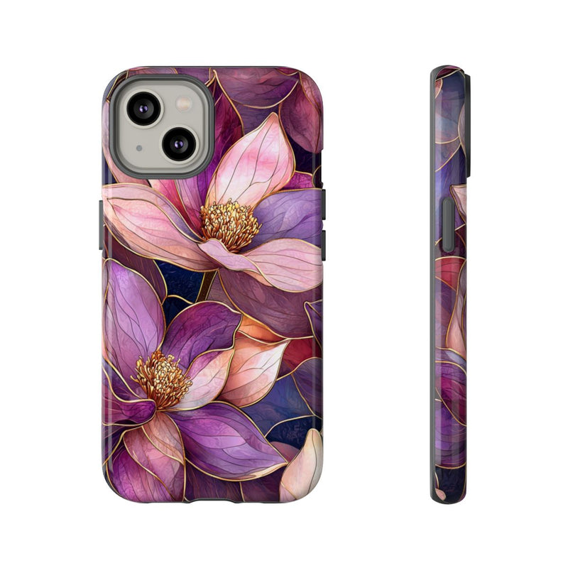 Paarse Magnolia Bloemen in Glas-in-lood